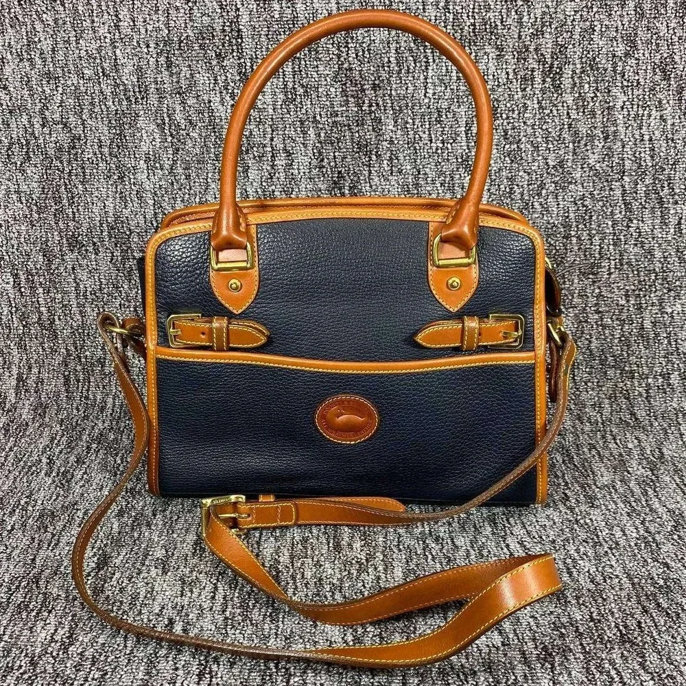 Vtg Dooney Bourke All Weather Leather Cavalry Satchel Bag Navy British Tan Purse